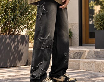 Unisex-Hose mit Sternenstickerei, weites Bein, schwarze Baggy-Jeans, lässiger Streetwear-Stil, zwei Farben