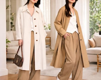 Women Linen Viscose Trench Coat, Long Lightweight Coat, Minimalist Belted Jacket, Spring Fall Outerwear