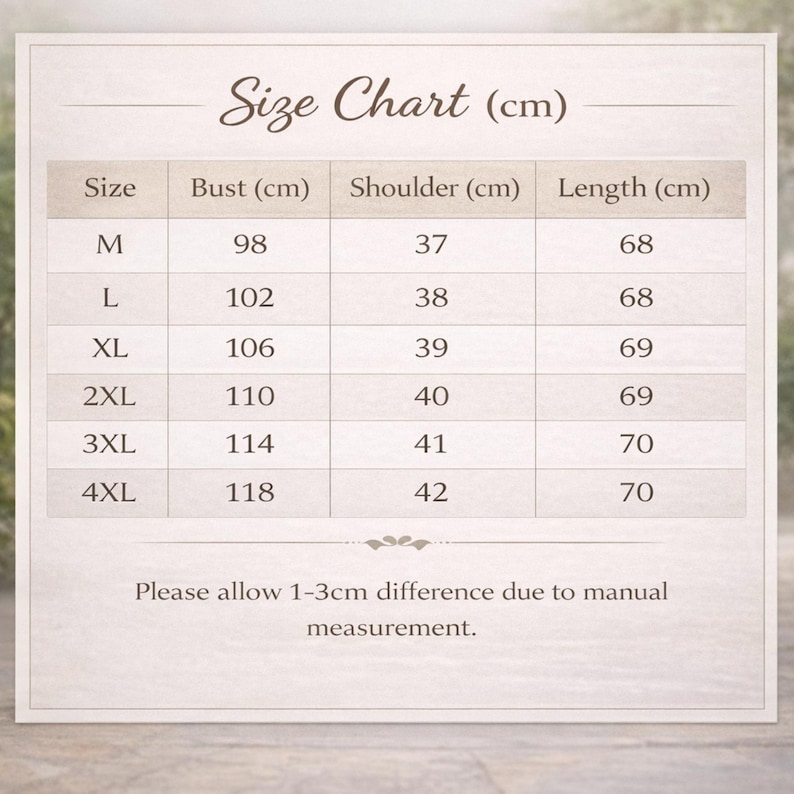 May include: A cream-coloured size chart labelled "Size Chart (cm)". It details bust, shoulder, and length measurements in centimetres for sizes M to 4XL. The text at the bottom reads, "Please allow 1-3cm difference due to manual measurement."