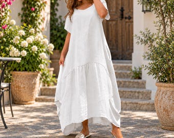 Maxikleid für Damen, kurzärmeliges Stufenkleid, fließendes Sommerkleid, elegant-lässig