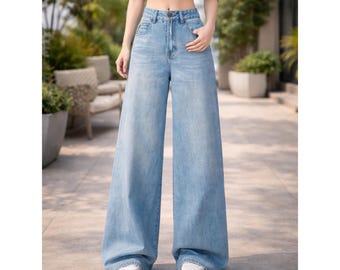 High Waist Wide Leg Denim Jeans | Light Blue Denim Pants | Casual Everyday Outfit