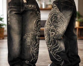 Men's Tiger Print Straight Leg Jeans, Urban Graphic Denim Pants