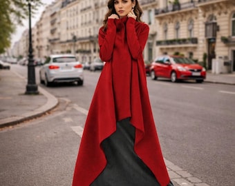 Women Long Asymmetrical Cardigan Coat – Handmade Knit Jacket with High Neck