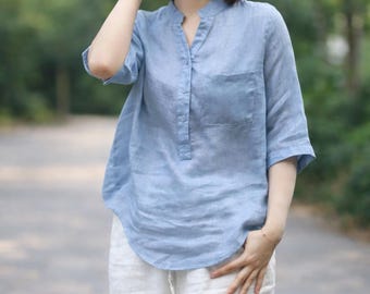 Casual Women Blouse - Cotton Linen Relaxed Fit Shirt - Minimal Style Casual Outfit Wear