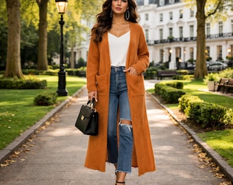 Women’s Mohair Knit Cardigan Coat – Long Light Jacket with Pockets | Handmade Split Front Duster