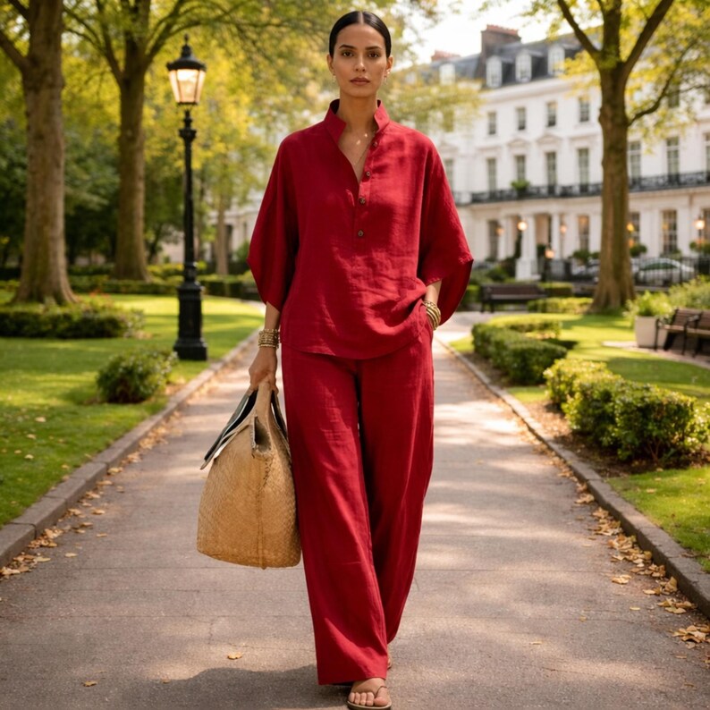 Puede incluir: Una persona con un conjunto de lino rojo, que incluye una camisa y pantalones de pierna ancha, lleva un bolso tote tejido. El atuendo es de un tono rojo vibrante. El fondo muestra un parque con &aacute;rboles y edificios.