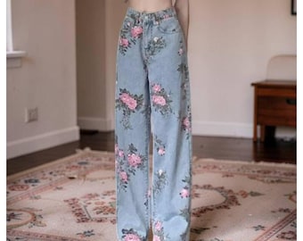 Handmade Floral Print Wide Leg Jeans – High Waisted Cotton Denim Pants