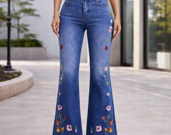 Floral Embroidered Denim Jeans for Women - High Waist Flared Jeans - Boho Bell Bottom Pants