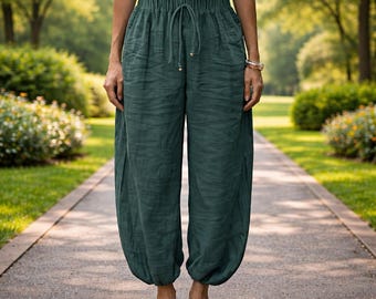 Women Boho Wide Leg Cotton Pants, Elastic Waist Lounge Trousers, Casual Summer Wear