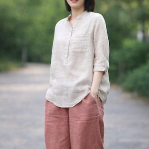 Casual Women Blouse - Cotton Linen Relaxed Fit Shirt - Minimal Style Casual Outfit Wear Beige