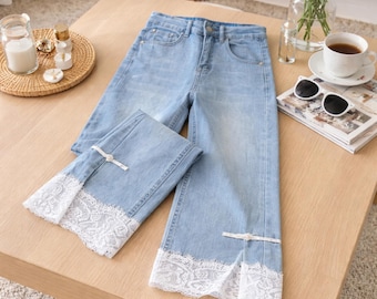 Handmade Lace Hem Denim Jeans for Women - Wide Leg Blue Pants - Gift for Girlfriend