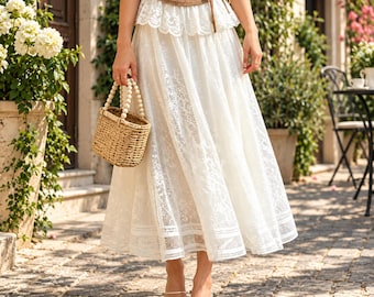 Damen-Spitzen-Midirock, fließender A-Linien-Rock, elegantes Sommerurlaubsoutfit, zwei Farben