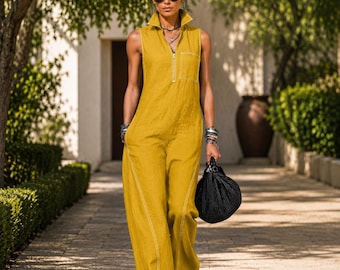 Women Sleeveless Jumpsuit Wide Leg Romper Casual Zipper Front Outfit Summer Outfit