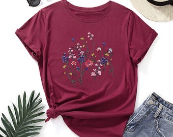 Women Floral Print Cotton T-Shirt, Handmade Graphic Tee - Soft Casual Summer Top