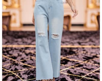 Women Wide Leg Denim Jeans - High Waisted Distressed Pants - Light Wash Street Style Trousers