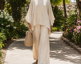 Minimalist Cotton Linen Two Piece Set Loose Kaftan Top Palazzo Pants Outfit Women