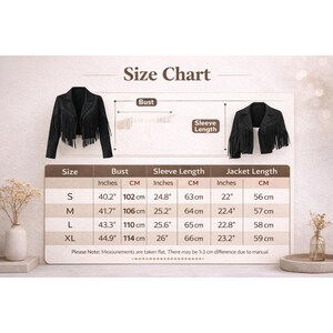 May include: A black jacket with fringe, displayed with a size chart. The chart shows bust measurements from 40.2 inches (102 cm) to 44.9 inches (114 cm). Sleeve lengths range from 24.8 inches (63 cm) to 26 inches (66 cm). Jacket lengths are 22 inches (56 cm) to 23.2 inches (59 cm).