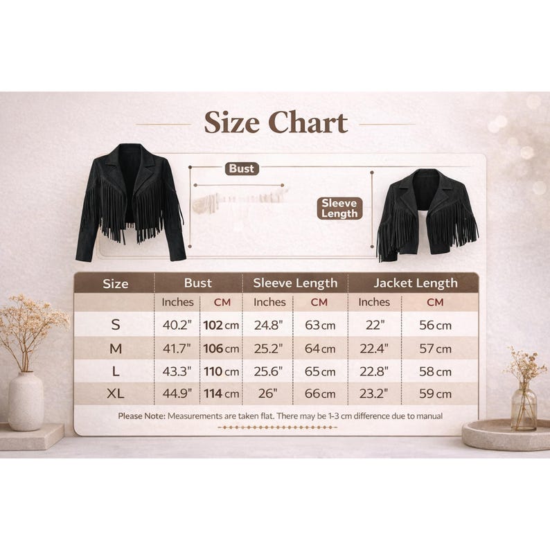 May include: A black jacket with fringe, displayed with a size chart. The chart shows bust measurements from 40.2 inches (102 cm) to 44.9 inches (114 cm). Sleeve lengths range from 24.8 inches (63 cm) to 26 inches (66 cm). Jacket lengths are 22 inches (56 cm) to 23.2 inches (59 cm).