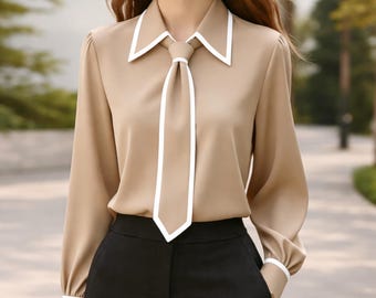Elegant Tie Neck Blouse Women, Long Sleeve Work Shirt, Office Wear Top