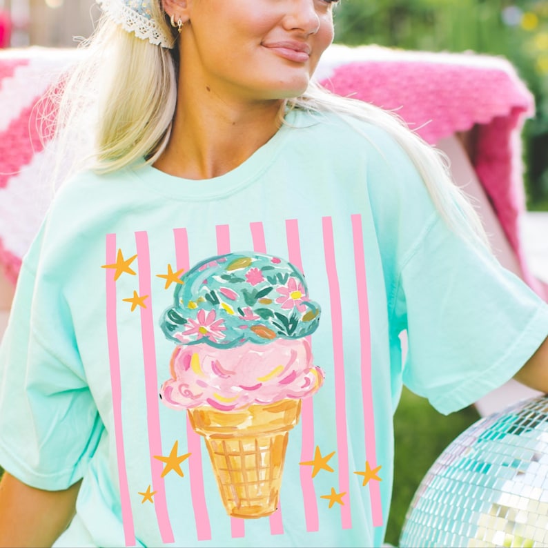 Retro pastel striped png featuring double scoop pastel ice cream cone top scoop has floral pattern and bottom scoop is pink.  Background stripes are pink yellow stars scattered.