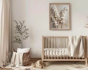 Cuadro decorativo para habitación infantil con flores de nacimiento de mayo, decoración de lirios del valle para habitación de bebé, estampado floral neutro, decoración minimalista para pared de guardería.