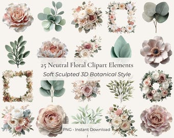 Paquete de imágenes prediseñadas florales neutras en formato PNG, imágenes prediseñadas de flores en 3D, elementos botánicos, PNG transparente, gráficos para Canva, boda, kit de marca.