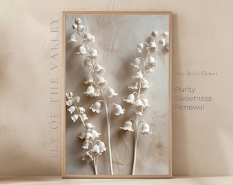 Lirio de los valles, flor de nacimiento de mayo, símbolo del lirio. Lámina decorativa floral para pared. Simbolismo del lirio. Decoración neutra para habitación infantil. Regalo de cumpleaños para ella.