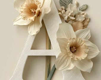 Alfabeto de flores de nacimiento de marzo de la A a la Z, paquete de letras florales de narcisos, lámina decorativa de pared con monograma, conjunto de iniciales botánicas