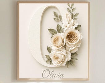 Lámina decorativa con el nombre Olivia, monograma floral con la letra O, decoración botánica neutra, lámina con el nombre de niña, descarga digital en formato 4x5.