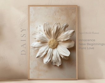 Lámina con el significado de la margarita, flor de nacimiento de abril, lámina decorativa floral para pared, simbolismo de la margarita, decoración neutra para la habitación del bebé, regalo de cumpleaños para ella.