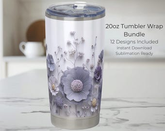 Paquete de envoltorios para vasos delgados de 20 oz, diseños de sublimación de flores de nacimiento, 12 envoltorios florales PNG, diseño de vaso sin costuras, Cricut, descarga instantánea.