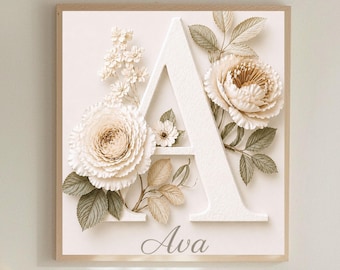 Lámina decorativa con el nombre Ava, letra A floral para habitación infantil, lámina botánica neutra con nombre, regalo para niña, descarga instantánea.