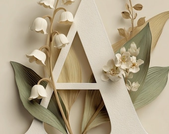 Alfabeto de flores de nacimiento de mayo de la A a la Z, paquete de letras florales de lirio del valle, lámina decorativa imprimible con monograma y nombre, conjunto de iniciales botánicas