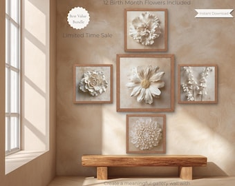 Paquete de flores de nacimiento, conjunto de arte floral para pared de 12 meses, láminas botánicas, decoración para guardería, regalo familiar de flores de nacimiento, arte imprimible