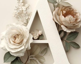 Alfabeto floral de junio de la A a la Z, paquete de letras florales de rosas, lámina decorativa para pared con nombre, conjunto de iniciales botánicas, decoración neutra para la habitación del bebé.