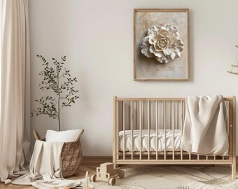 Lámina decorativa para habitación infantil con diseño de rosa, flor de nacimiento de junio, para imprimir. Decoración para habitación de bebé niña. Habitación infantil con estampado floral neutro. Estampado botánico beige.