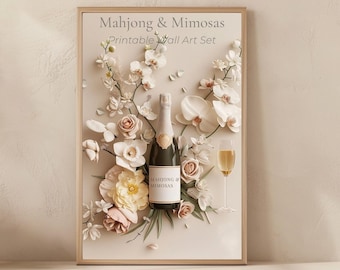 Conjunto de láminas decorativas de Mahjong, lámina de Mahjong y Mimosas, decoración de Mahjong estilo preppy, regalo de Mahjong para niñas, arte mural botánico en tonos neutros, descarga digital.