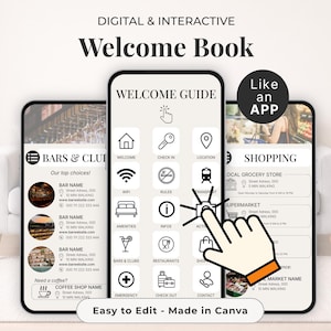 May include: Digital Welcome Book on three smartphones. The screens display a welcome guide with icons for services, and a hand icon pointing to the screen. Text includes "Easy to Edit - Made in Canva."