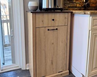 Modern Tilt-Out Trash Can Cabinet, 10 and 20 Gallon Trash Bin, Laundry Hamper Cabinet with Drawer, Wooden Hidden Garbage with Storage Basket