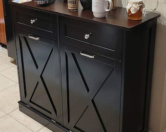 Tilt Out Trash Can Cabinet, Farmhouse Kitchen Trash Cabinet with Barn Door, Solid Wood Tabletop Trash Bin, Wood Laundry Cabin Keep Clean