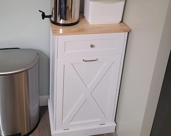 Kitchen Trash Cabinet with Barn Door, Tilt Out Trash Can Cabinet, Solid Wood Tabletop, Wood Storage Basket, Storage Bin, Wooden Trash Bin