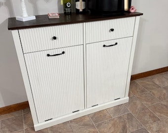 Hidden Garbage Cabinet with Drawer, Tilt Out Trash Can Cabinet, Free Standing for Kitchen, Living Room, Wooden Trash Bin With Storage Basket