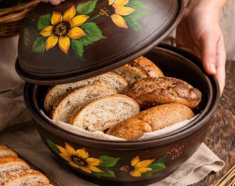 Clay Bread Box, Round Bread Box, Wooden Lid Bread Bin, Rustic Kitchen Decor