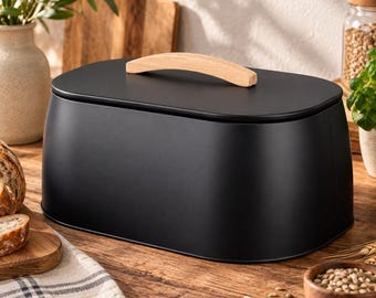 Black Metal Bread Box with Bamboo Lid