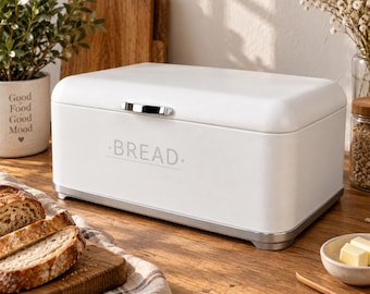 White Metal Bread Box, Modern Kitchen Bread Keeper