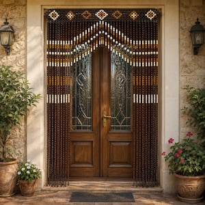 May include: A decorative beaded door curtain in brown, white, and gold hangs in front of a wooden door. The curtain is made of strands of beads, with a patterned top. The door has glass panels and a brass handle. Potted plants are on either side.