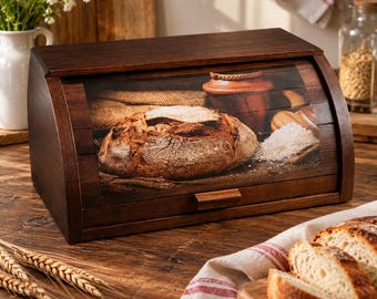 Wooden Bread Box with Bread and Pot Print, Rustic Wooden Bread Keeper, Handmade Kitchen Storage, Vintage Farmhouse Kitchen Decor