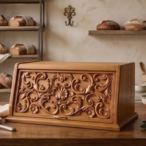 Solid Wood Bread Box 17.7x12.6x10.6 in, Wooden Bread Box, Carved Bread Box