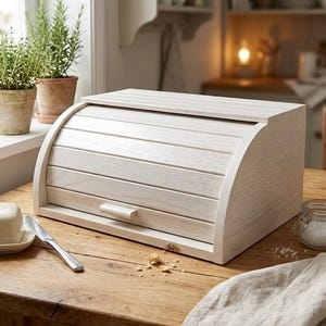 Puede incluir: Una panera de madera blanca con puerta enrollable y un pequeño tirador. La panera está sobre una mesa de madera con una mantequera, un cuchillo y un pequeño tarro de sal. Se ven dos plantas en macetas en el fondo.