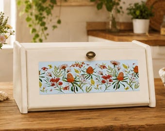 White Wooden Bread Box Floral Kitchen Storage 15.9x10.8in Decor